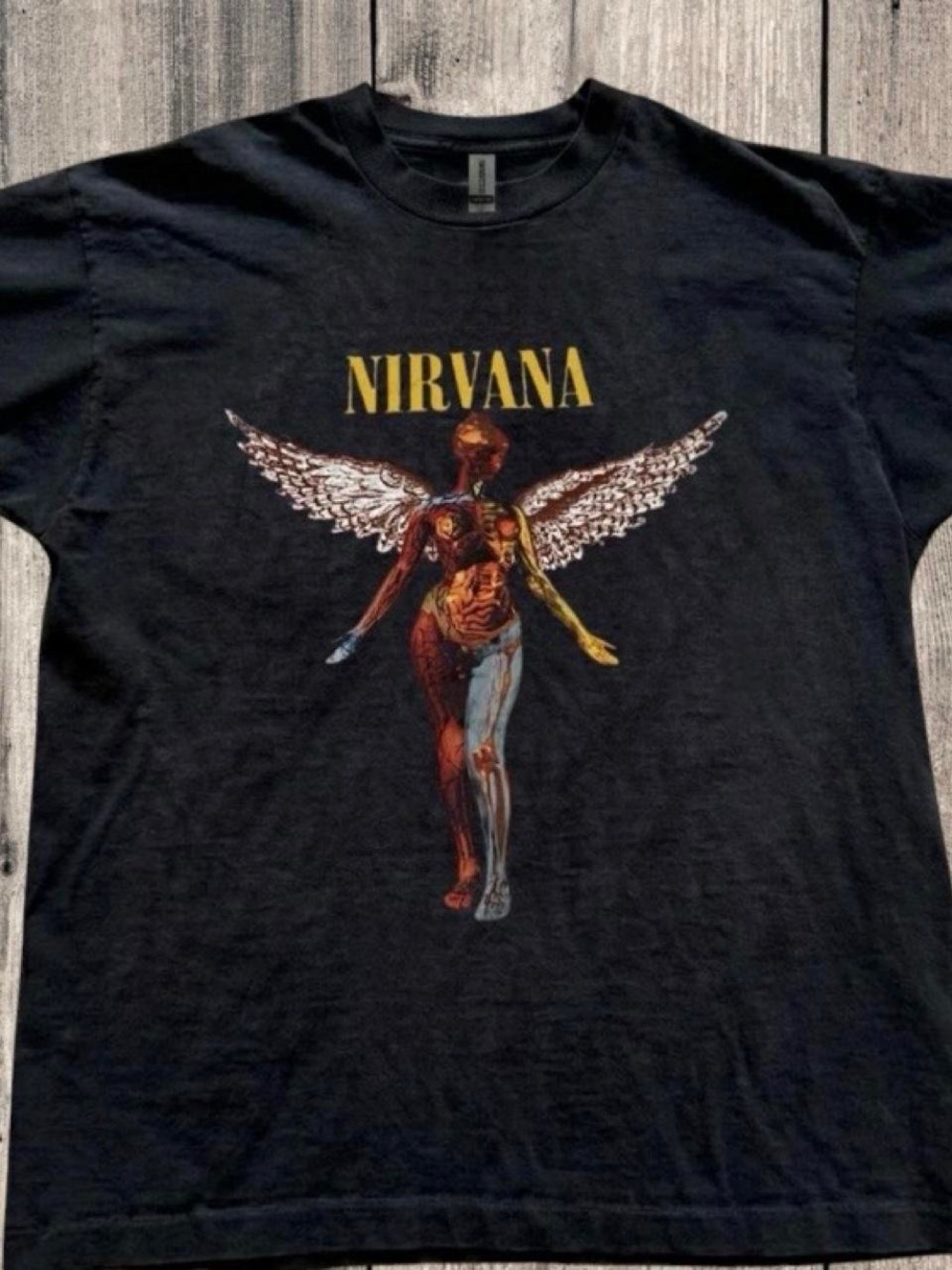 Gildan Black Nirvana Short-Sleeve Tee with Angel Anatomy Graphic